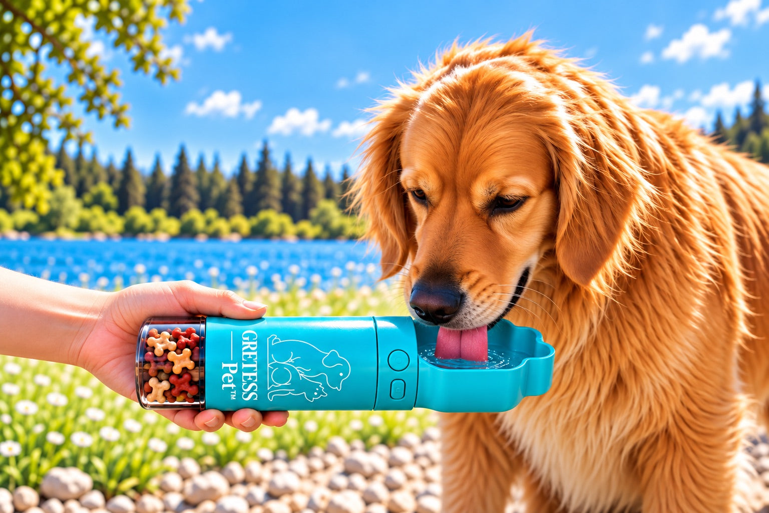 A golden retriever drinking from the Gretess Pet bottle by a lake