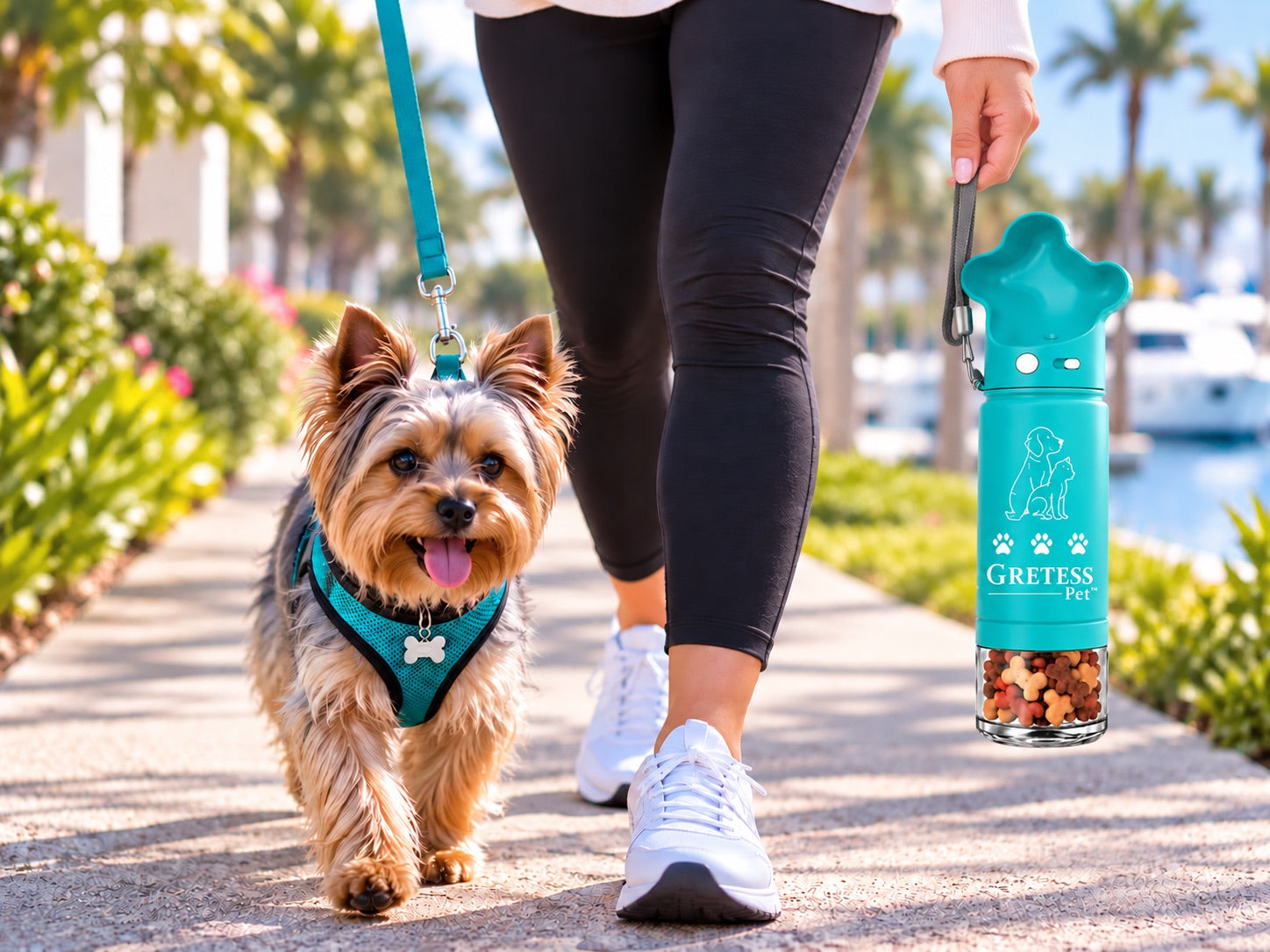 Walking a Yorkie along the marina with the Gretess Pet bottle in hand